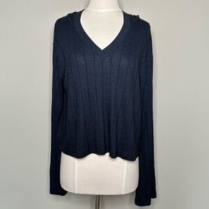 Athleta Harmony Pose Hoodie Navy V-Neck Ribbed Sweater, size M